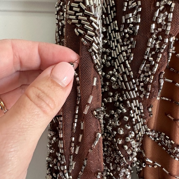 Mac Duggal Style 5295 Beaded‎ Long Sleeve Wrap Mini Dress in Mocha- NWT - Picture 12 of 13